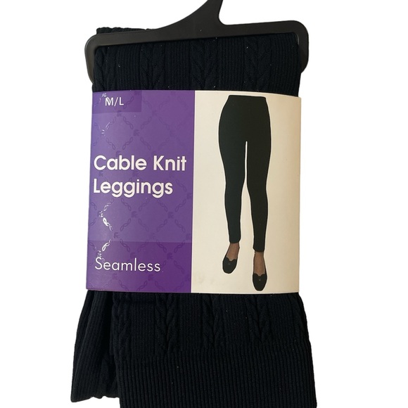 FC New Womens Leggings Size M/L Black Cable Knit Basic Super Soft Stretchy Tight - Picture 3 of 6
